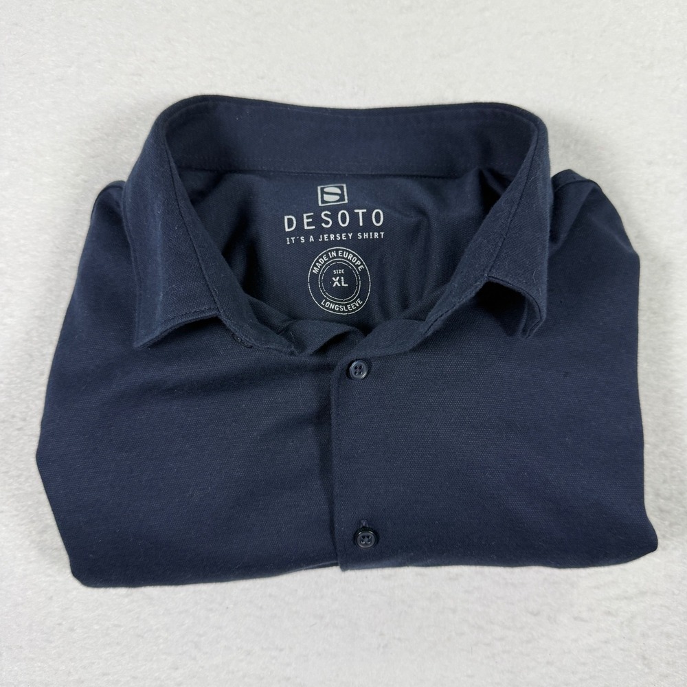 Desoto Jersey Shirt XL Navy Blue Slim Fit Stretch Cotton Long Sleeve Kent Collar